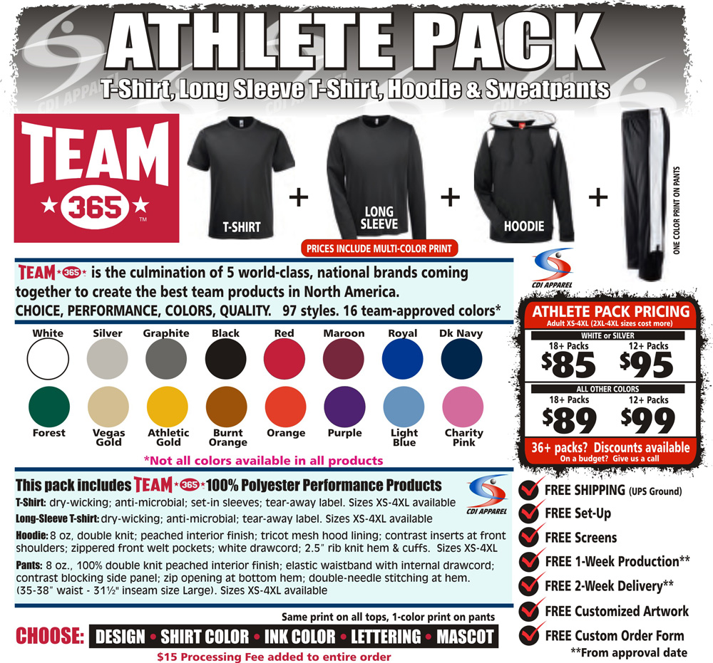 Athlete-Team-Pack-Custom-T-Shirt-Long-Sleeve-Hoodie-Hooded-Sweatpants-Sweat-Pants-Sweatshirt-Team-365-Sportswear