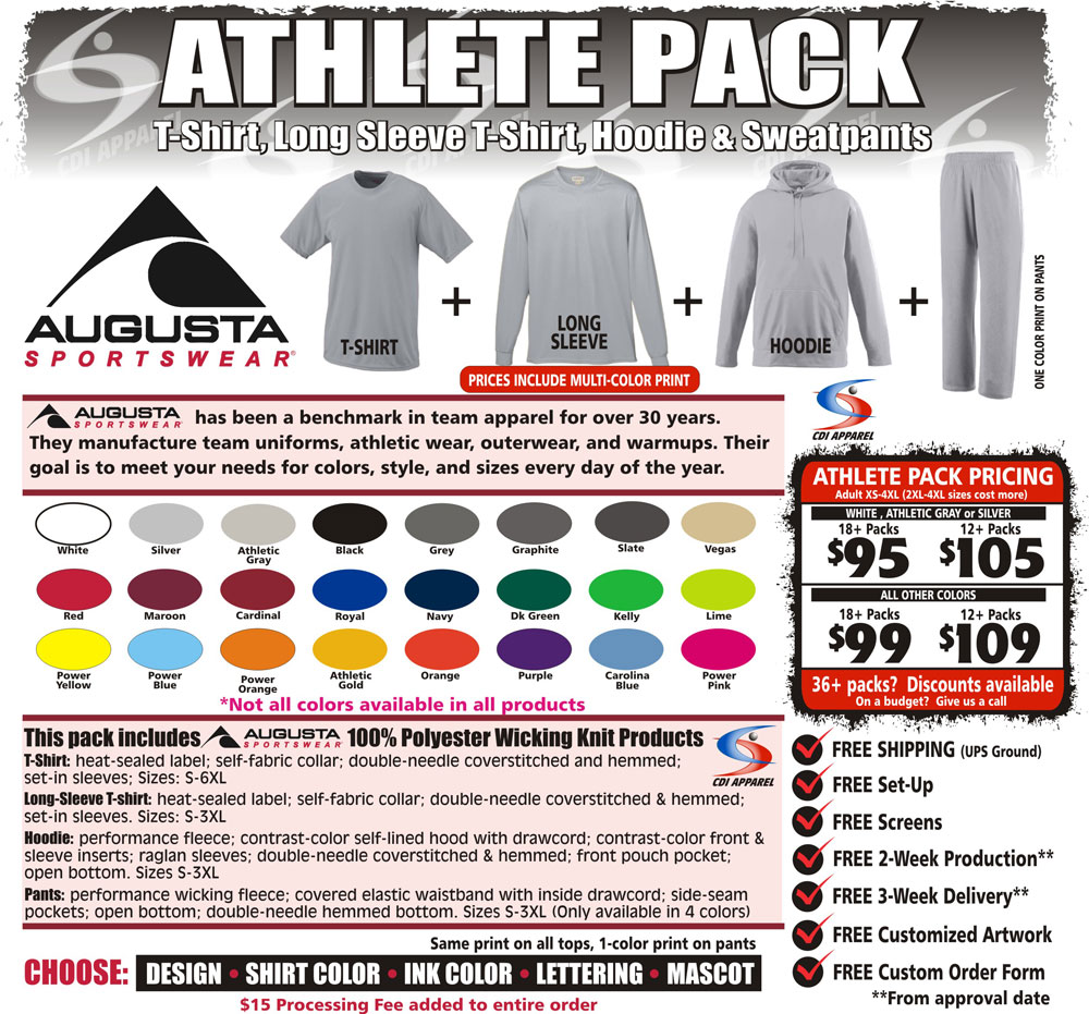 Athlete-Team-Pack-Custom-T-Shirt-Long-Sleeve-Hoodie-Hooded-Sweatpants-Sweat-Pants-Sweatshirt-Augusta-Sportswear