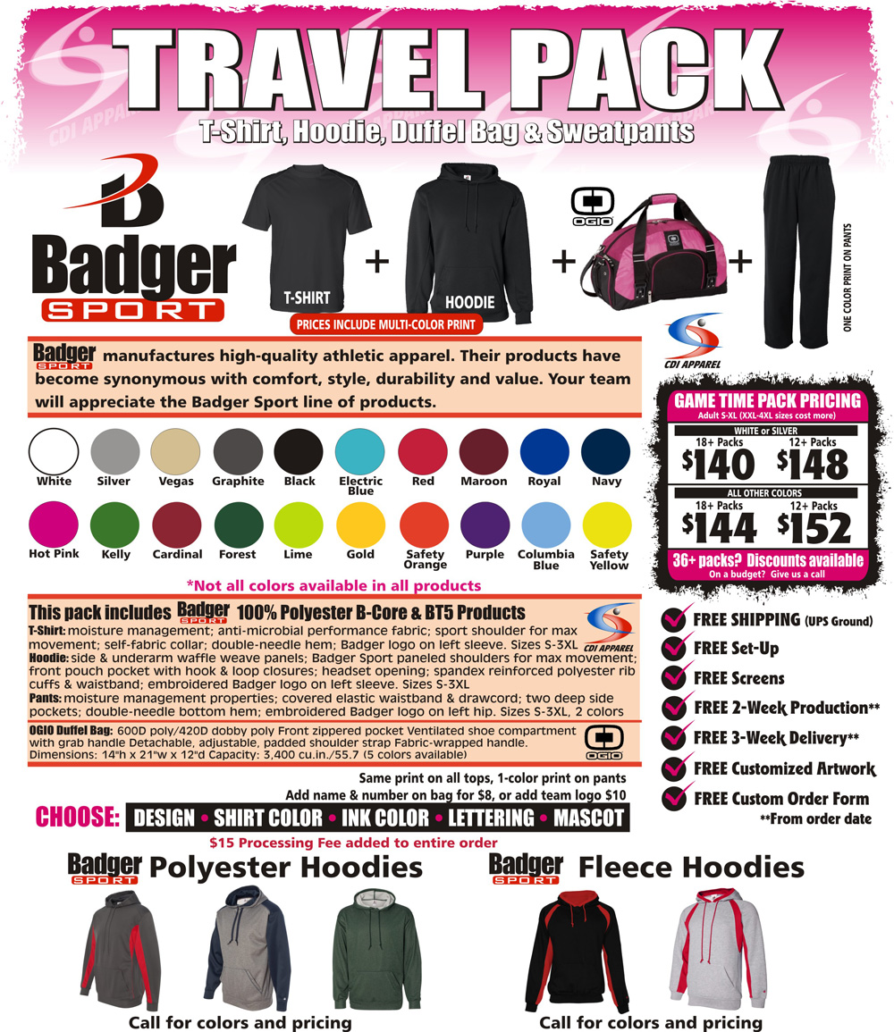 Travel-Team-Packs-Custom-T-Shirt-Hoodie-Sweatpants-Hooded-Duffel-Bag-Gildan-Badger-Sportswear