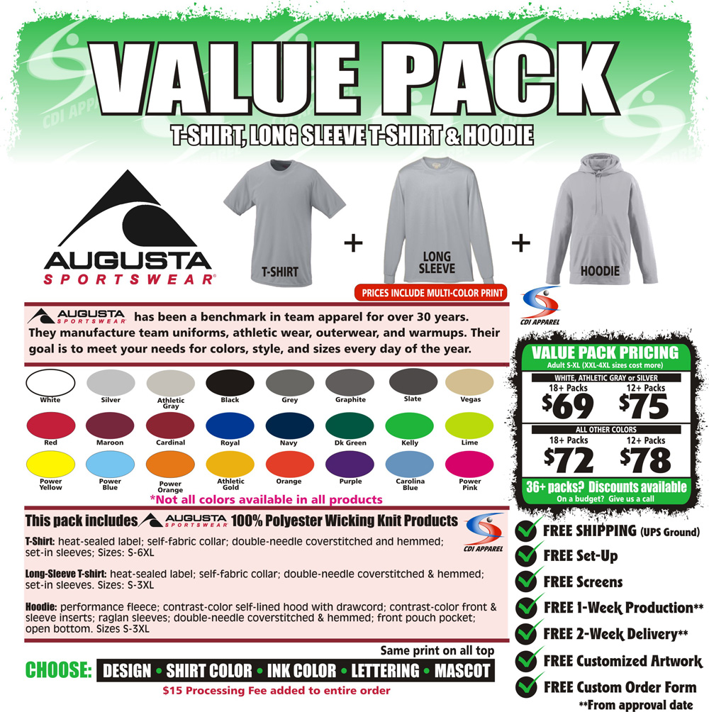 Value-Team-Pack-Custom-T-Shirt-Long-Sleeve-Tshirt-Hoodie-Hooded-Sweatshirt-Augusta-Sportswear
