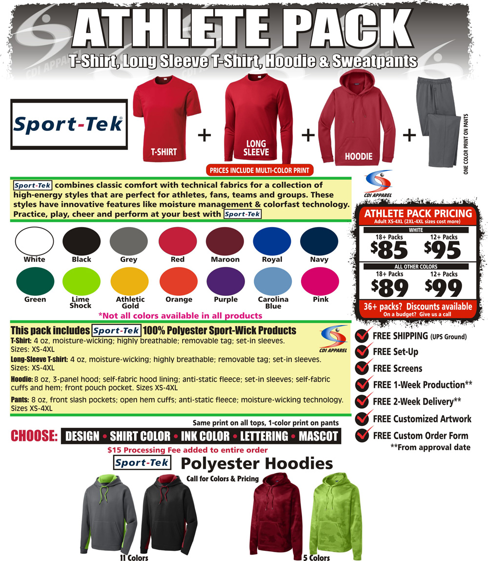 Athlete-Team-Pack-Custom-T-Shirt-Long-Sleeve-Hoodie-Hooded-Sweatpants-Sweat-Pants-Sweatshirt-Sport-Tek-Sportswear