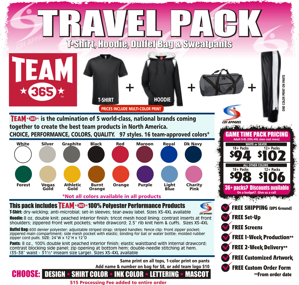 Travel-Team-Packs-Custom-T-Shirt-Hoodie-Sweatpants-Hooded-Duffel-Bag-Gildan-Team-365