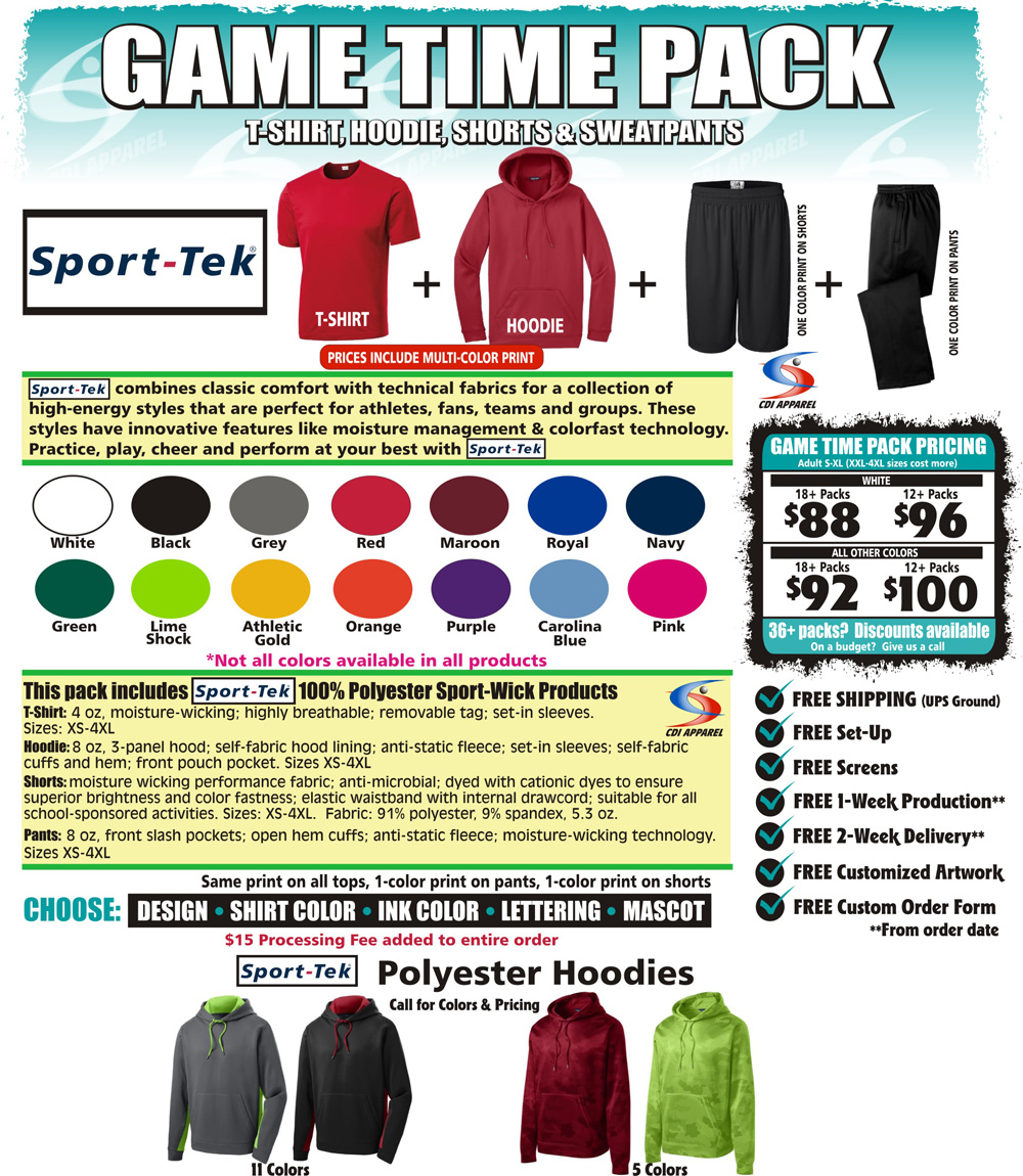 Game-Time-Team-Pack-Custom-T-Shirt-Long-Sleeve-Hoodie-Sweatshirt-Shorts-Sweatpants-Sweat-Pants-Sport Tek-Sportswear