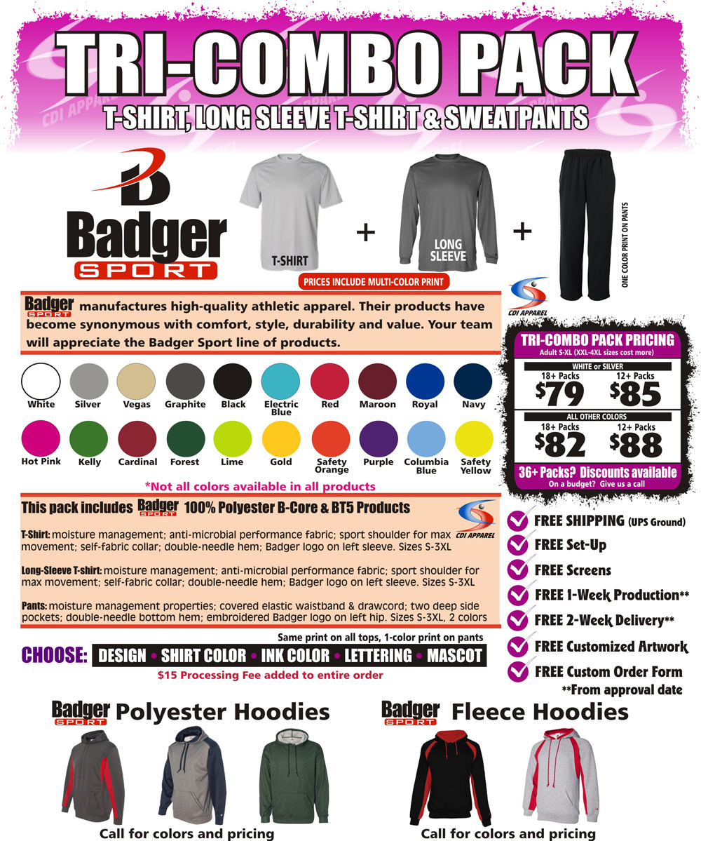 Tri-Combo-Team-Pack-Custom-T-Shirt-Long-Sleeve-Sweatpants-Badger-Sportswear