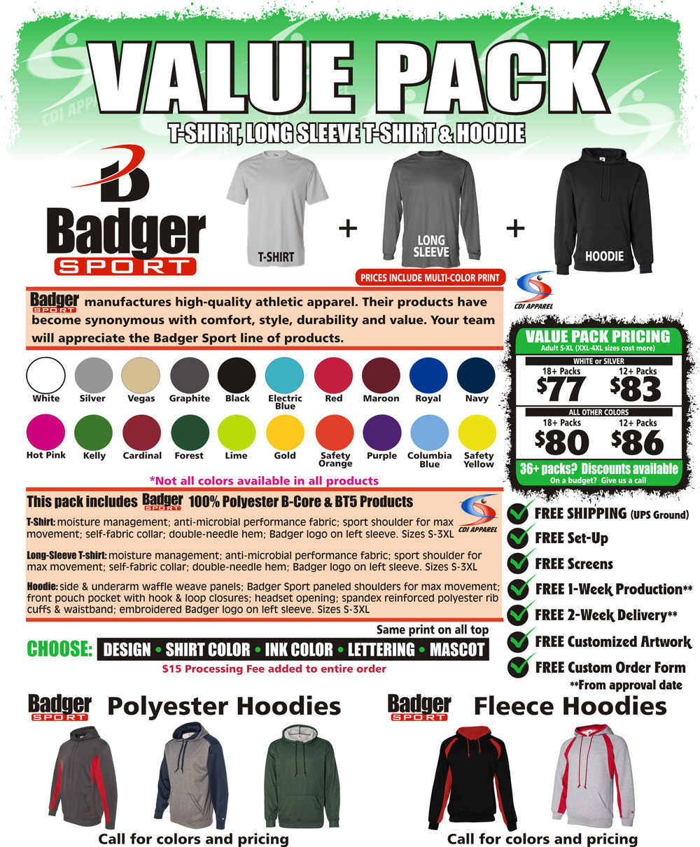 Value-Team-Pack-Custom-T-Shirt-Long-Sleeve-Tshirt-Hoodie-Hooded-Sweatshirt-Badger-Sportswear